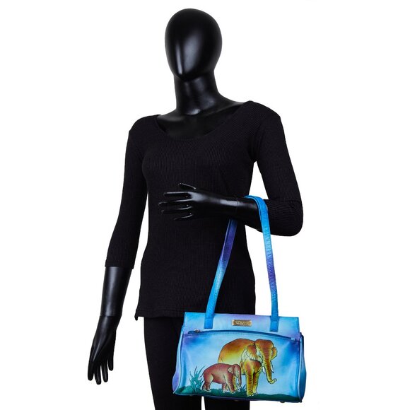 Women's Hand-Painted Leather Blue Shoulder Tote Bag with Animal Artwork - Picture 7 of 7